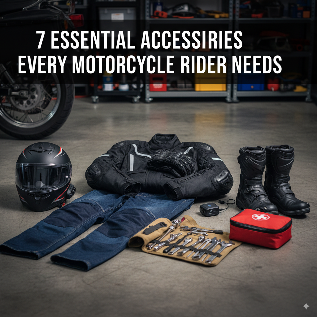 A collage showing a mounting kit, straps, rain cover, and protective gear on a motorcycle.