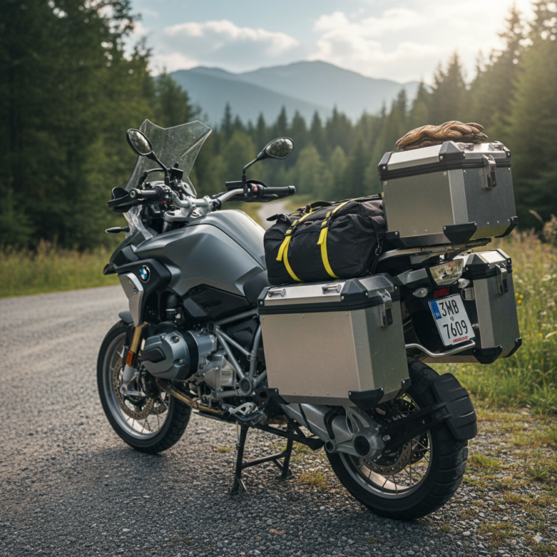 A rider cleaning a top box and panniers with microfiber cloth and protective spray.